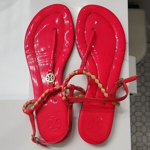 Tory Burch Bright Red Braided Thong Sandals with Gold Logo